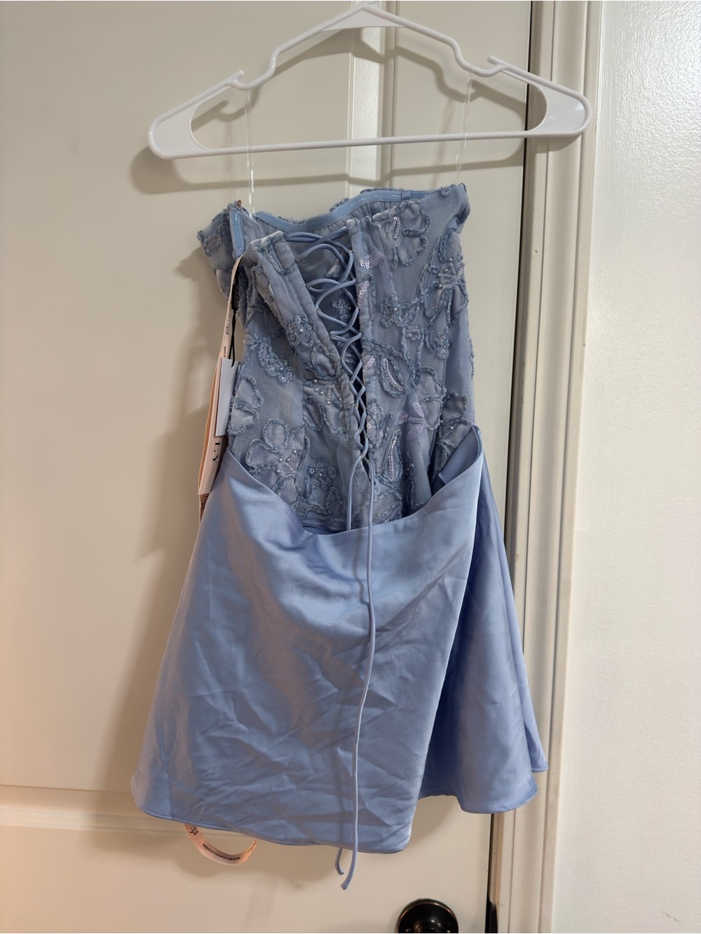 Oh Polly Strapless Lavender-Blue Embroidered Mini Dress - Picture 4 of 6